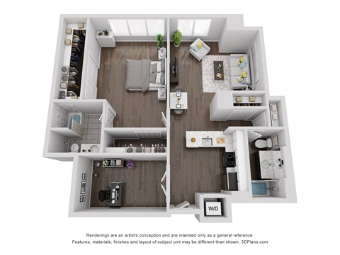 Floor plan for 1 bed, 2 baths, 947 sqft
